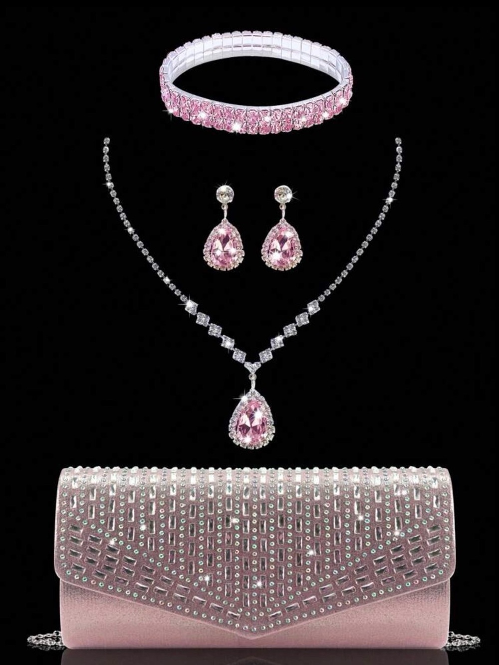 Elegant Pink Crystal Jewelry Set with Matching Clutch